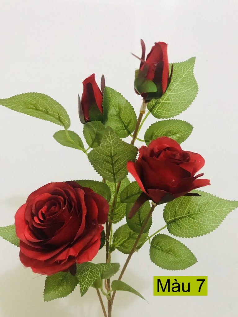 Cành hoa hồng giả, hoa hồng pháp 2 bông 2 nụ HM