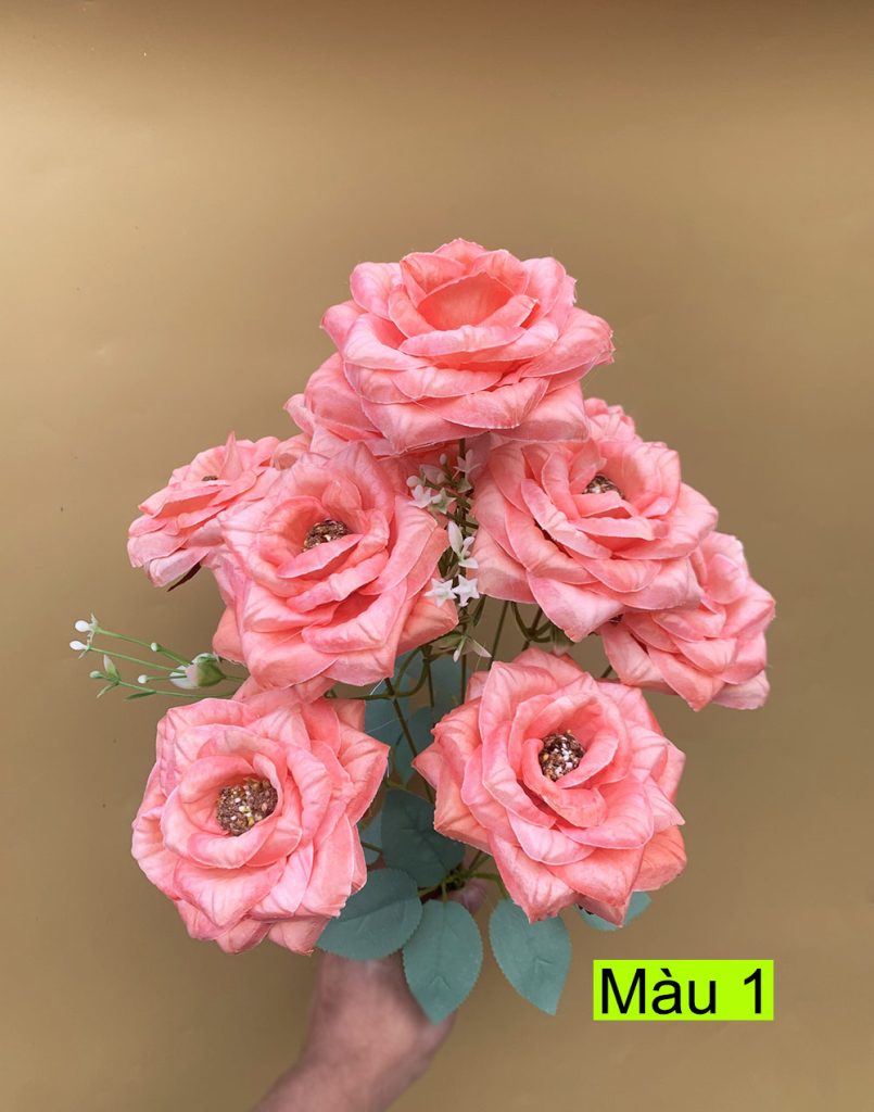 Hoa hồng giả 9 bông – Hoa hồng ngọc lụa đủ màu